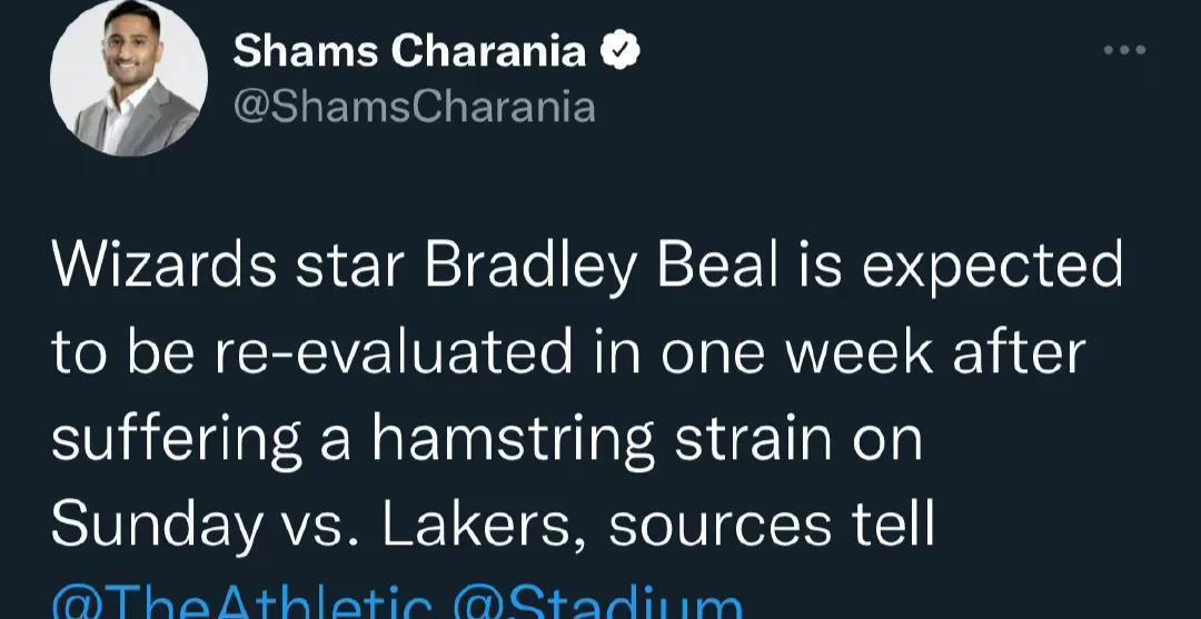 布拉德利·比尔在对阵湖人时遭遇大腿筋拉伤，将缺席至少一周