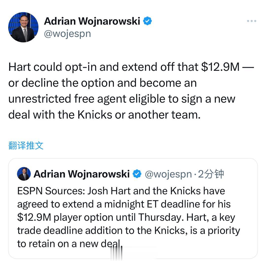 Woj：哈特和尼克斯已经同意将他价值1290万美元的球员选择权的最后期限延长到周