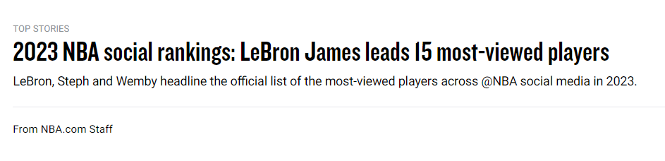 NBA公布社媒浏览量排名：詹姆斯28亿遥遥领先 库里第二文班第三(2)
