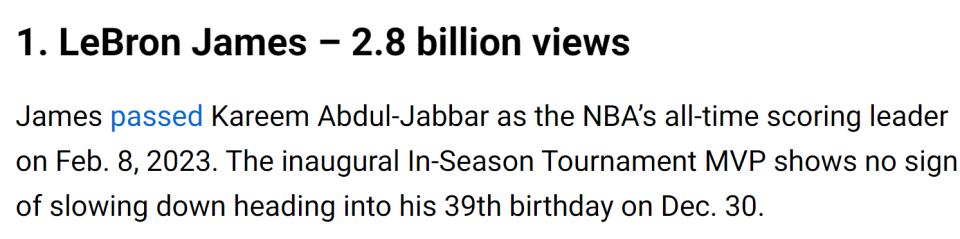 NBA公布社媒浏览量排名：詹姆斯28亿遥遥领先 库里第二文班第三(4)