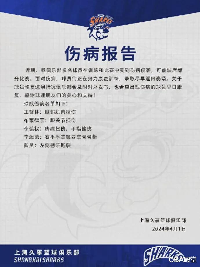 坏消息！上海男篮官宣5名主力伤病，郭昊文未提，季后赛遇挑战