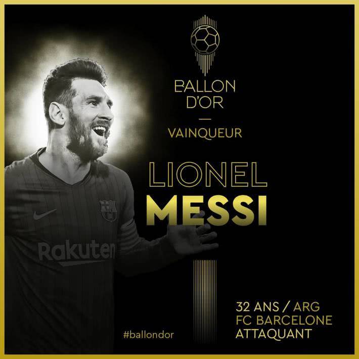 《法国足球》举行颁奖典礼，梅西获得2019年度金球奖，拿到个人第6座金球奖。