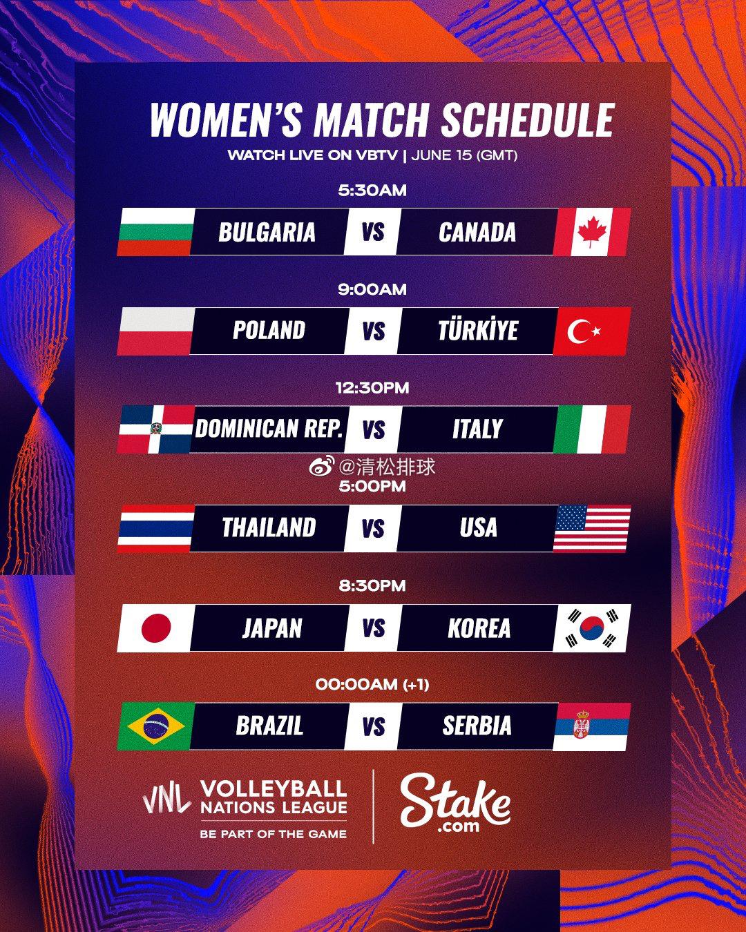 2023年世界女排联赛今日赛程：（6.15）中国香港站13:30   保加利亚v(1)