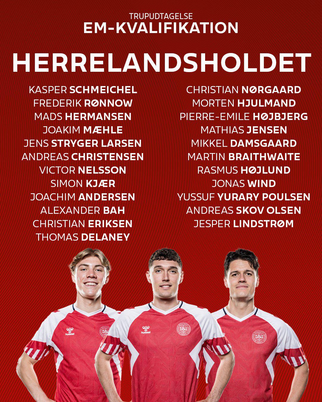 丹麦国家队最新一期大名单：埃里克森、霍伊伦、克里斯滕森在内