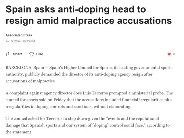 西班牙反兴奋剂负责人被劝退 遭到WADA严厉批评