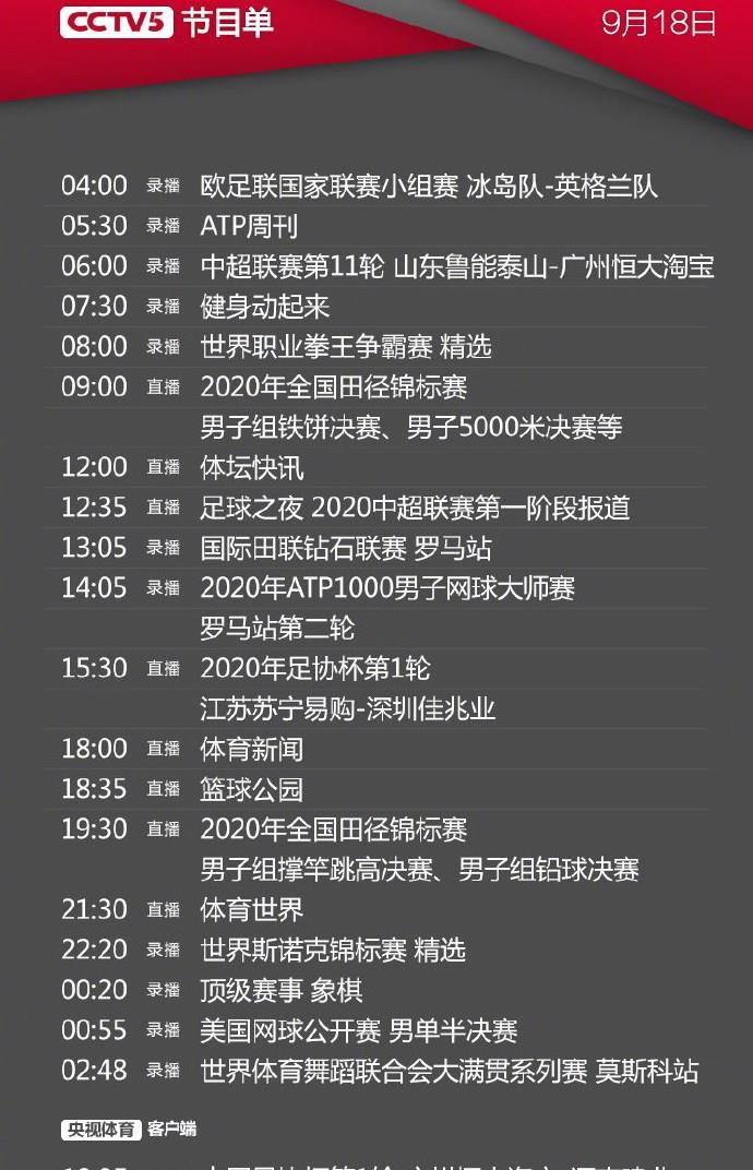 央视今日节目单，CCTV5直播田径+足协杯，APP转恒大+鲁能，5+申花(4)