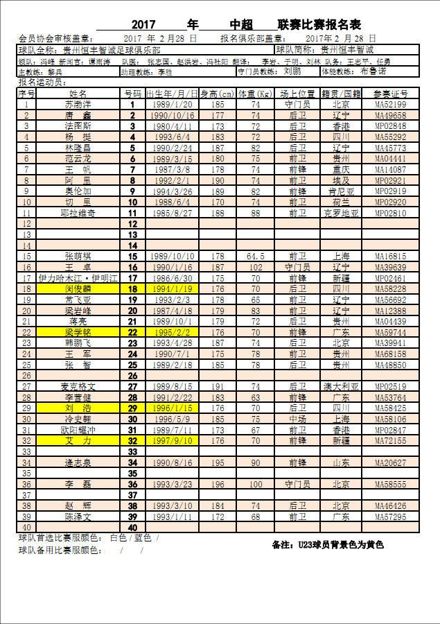 中超2011年深圳队报名表 2017年中超联赛球队比赛报名表(8)