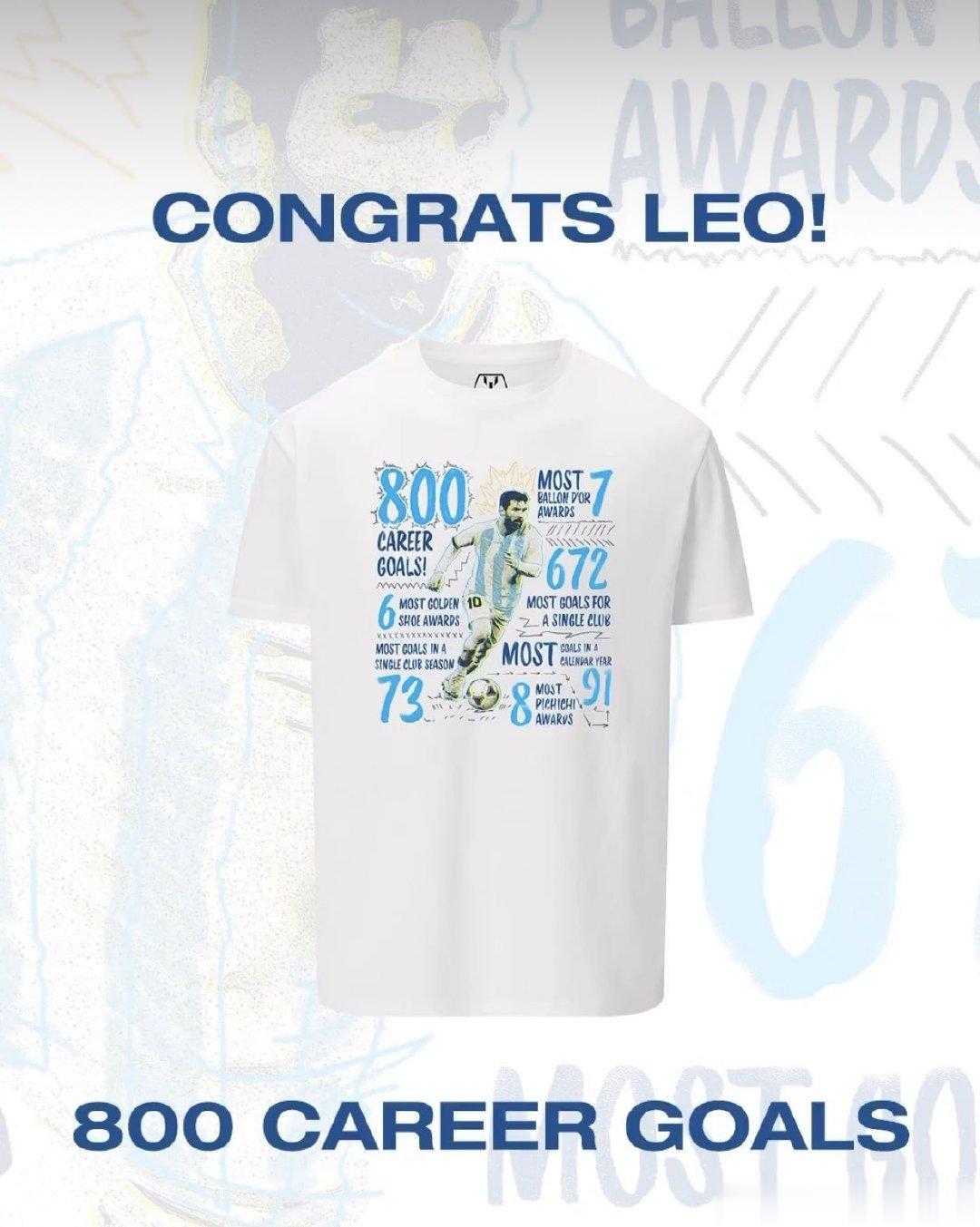 梅西的个人品牌推出了一款梅西800球的里程碑纪念衫，印有梅西生涯的多个重要个人荣