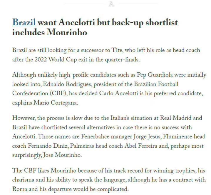 据TA：巴西足协依然将皇马主帅安切洛蒂，视为巴西国家队下任主帅的头号人选。

不(2)