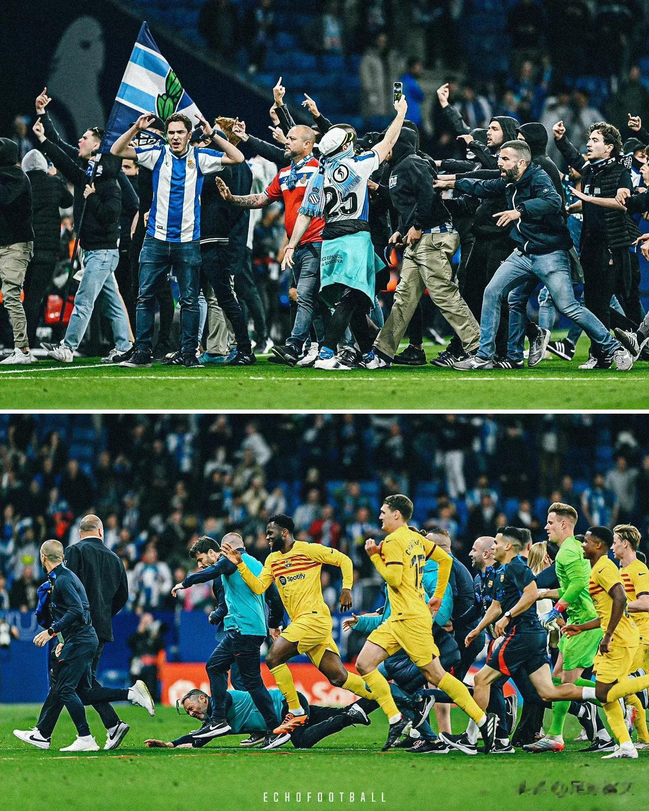 图评丨巴萨在西班牙人主场庆祝夺冠，西班牙人球迷拒绝死敌在自己的主场庆祝胜利，一些(2)