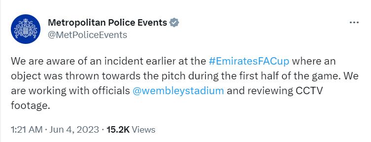 伦敦警方表示：他们正在调查足总杯决赛，并且跟温布利球场合作获得了球场的监控录像。