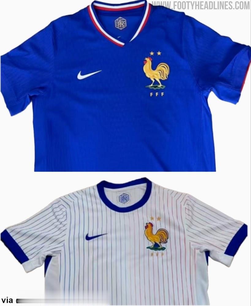 法国队欧洲杯球衣谍照：主蓝客白，高卢雄鸡队徽采用金色设计