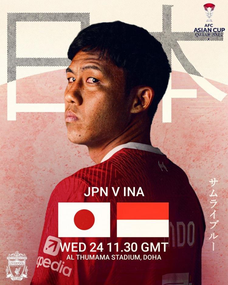 日本今晚亚洲杯对阵印尼，利物浦晒海报为远藤航加油(1)