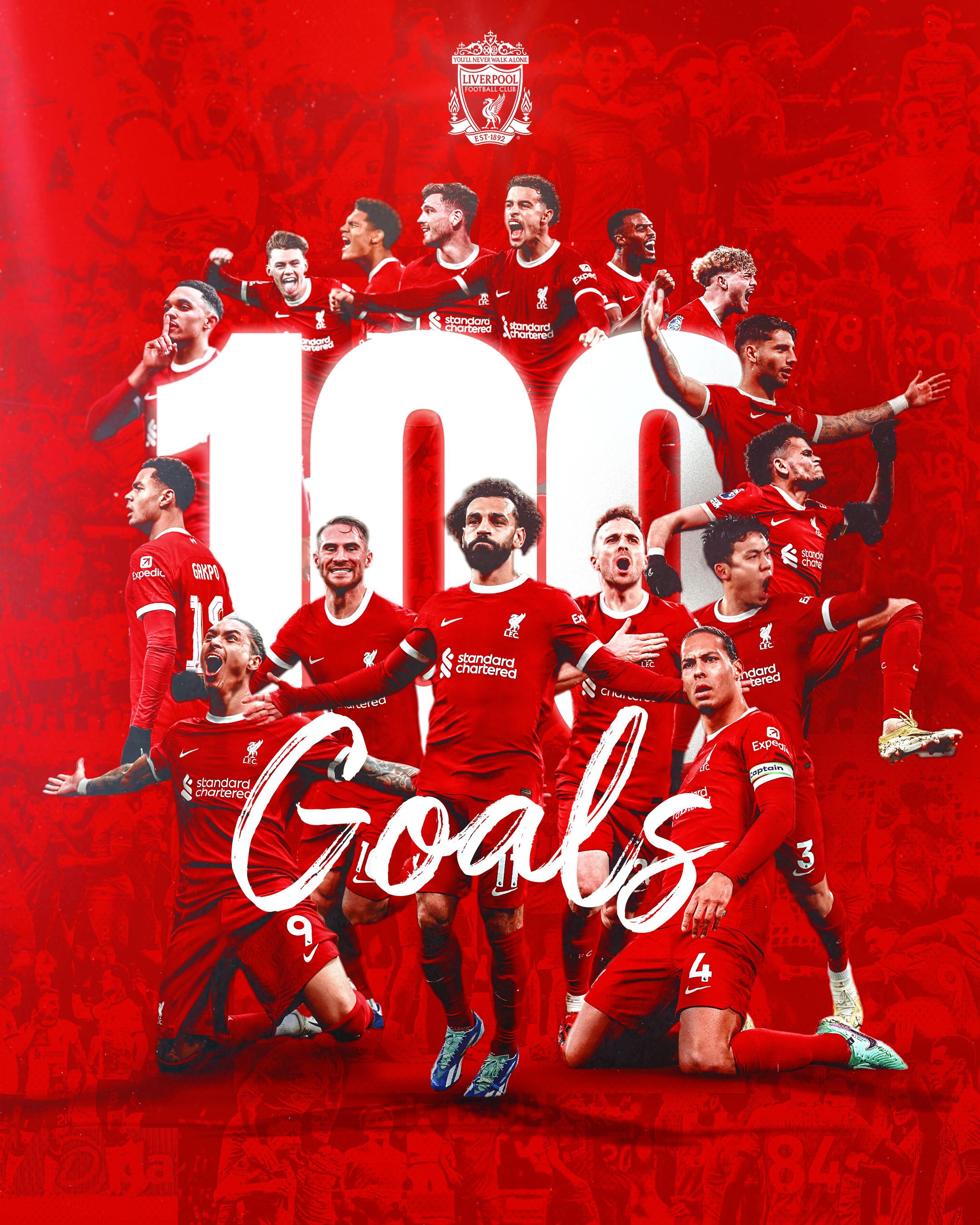 利物浦收获本赛季100球里程碑，萨拉赫贡献19球最多&5人进球上双
