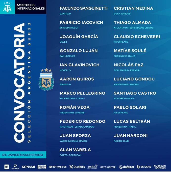 阿根廷U23大名单：苏莱、帕斯、阿尔马达入选，小雷东多在列